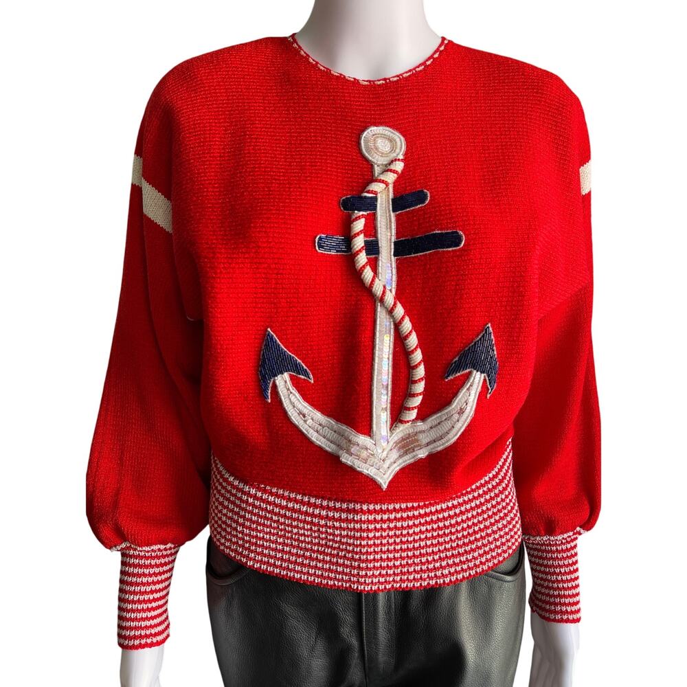 Vintage Lillie Rubin Sweater Anchor Nautical Beaded Sequin Red White Blue Small - Picture 8 of 8